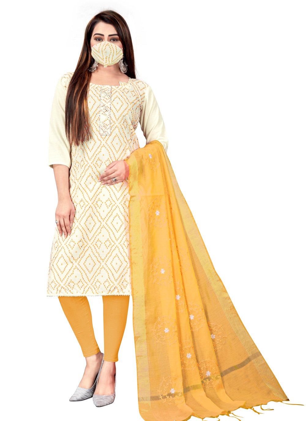 Off White and Yellow Festival Cotton Churidar Suit