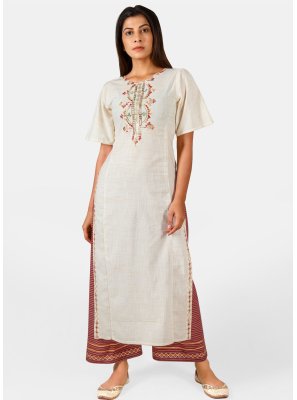 Off White Embroidered Khadi Party Wear Kurti