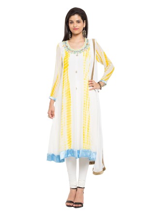 Off White Faux Georgette Printed Readymade Anarkali Salwar Suit