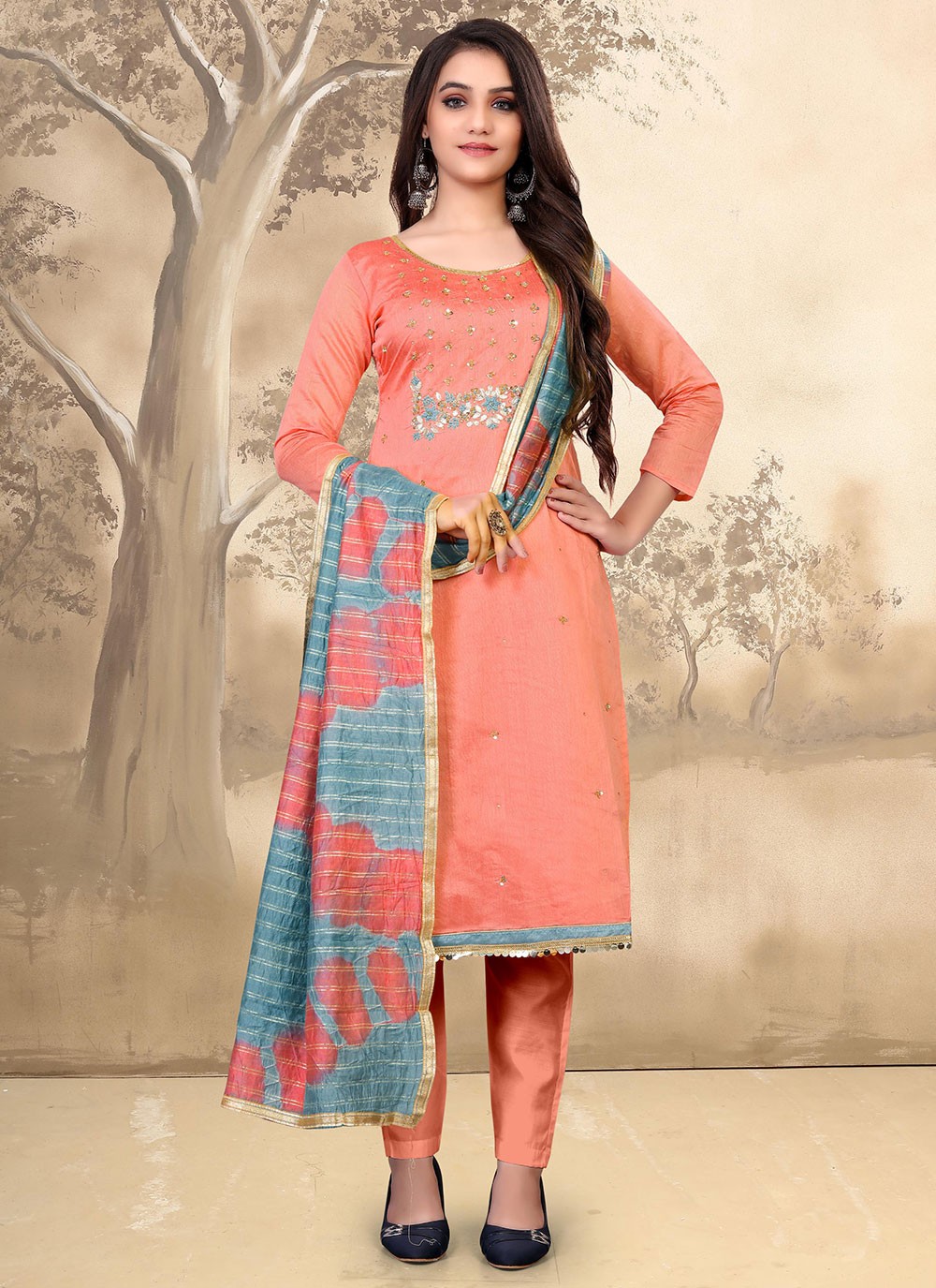 Orange Chanderi Embroidered Pant Style Suit