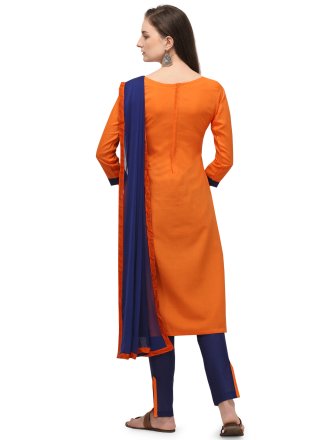 Orange Embroidered Cotton Churidar Suit