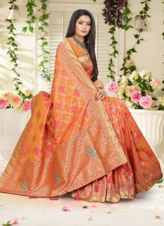Orange Fancy Mehndi Designer Traditional Saree
