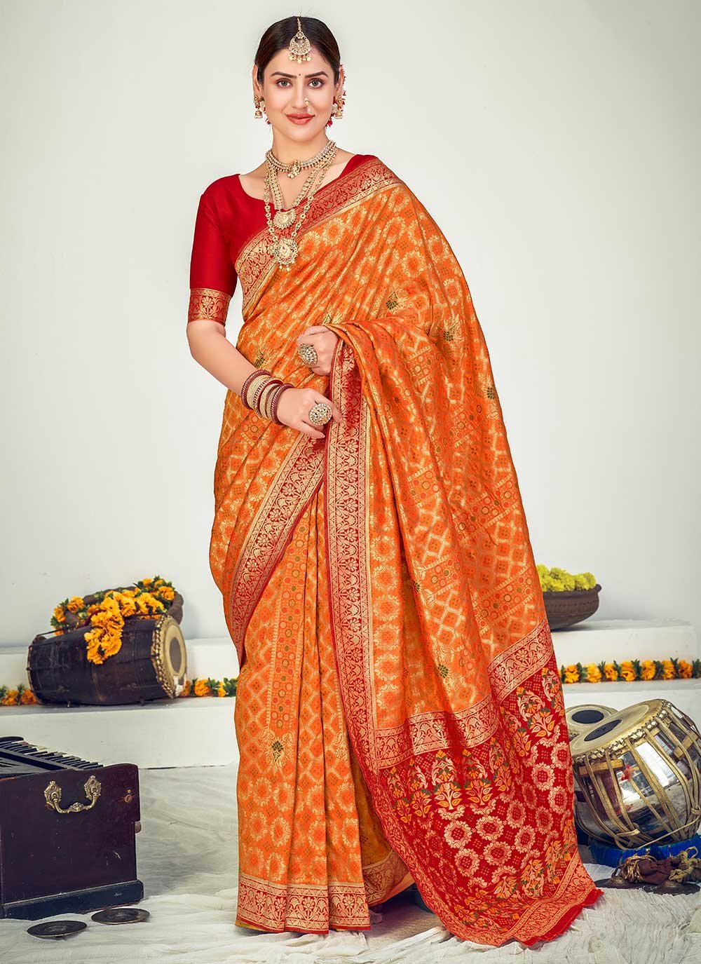 Orange Festival Banarasi Silk Designer Traditional Saree