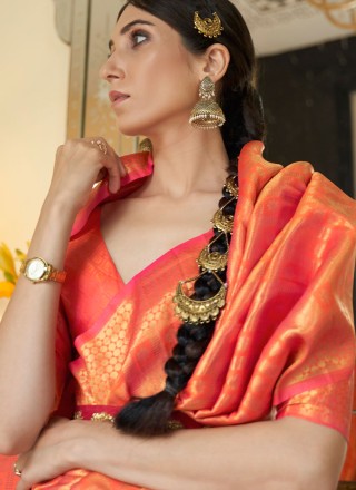 Orange Handloom silk Designer Traditional Saree