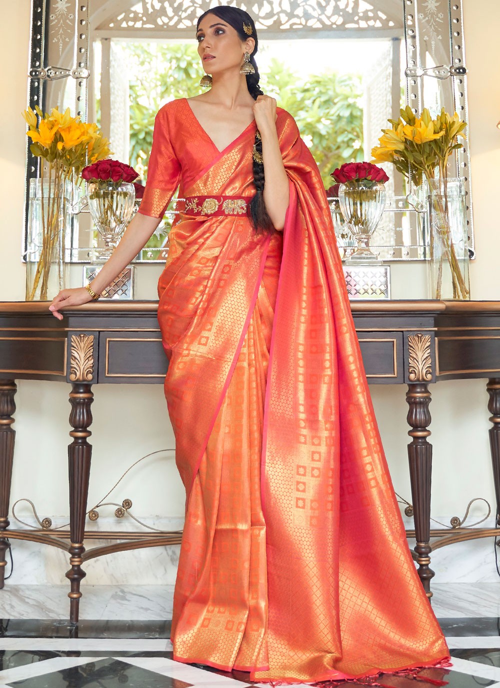 Orange Handloom silk Designer Traditional Saree