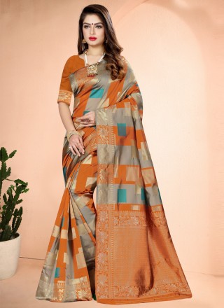 Orange Printed Art Banarasi Silk Designer Traditional Saree