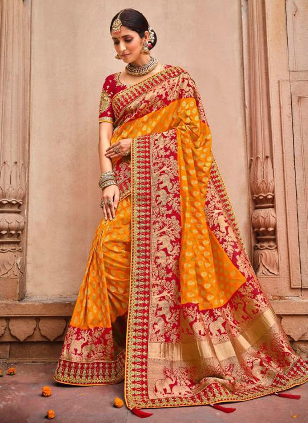 Buy Orange Resham Banarasi Silk Classic Designer Saree Online -