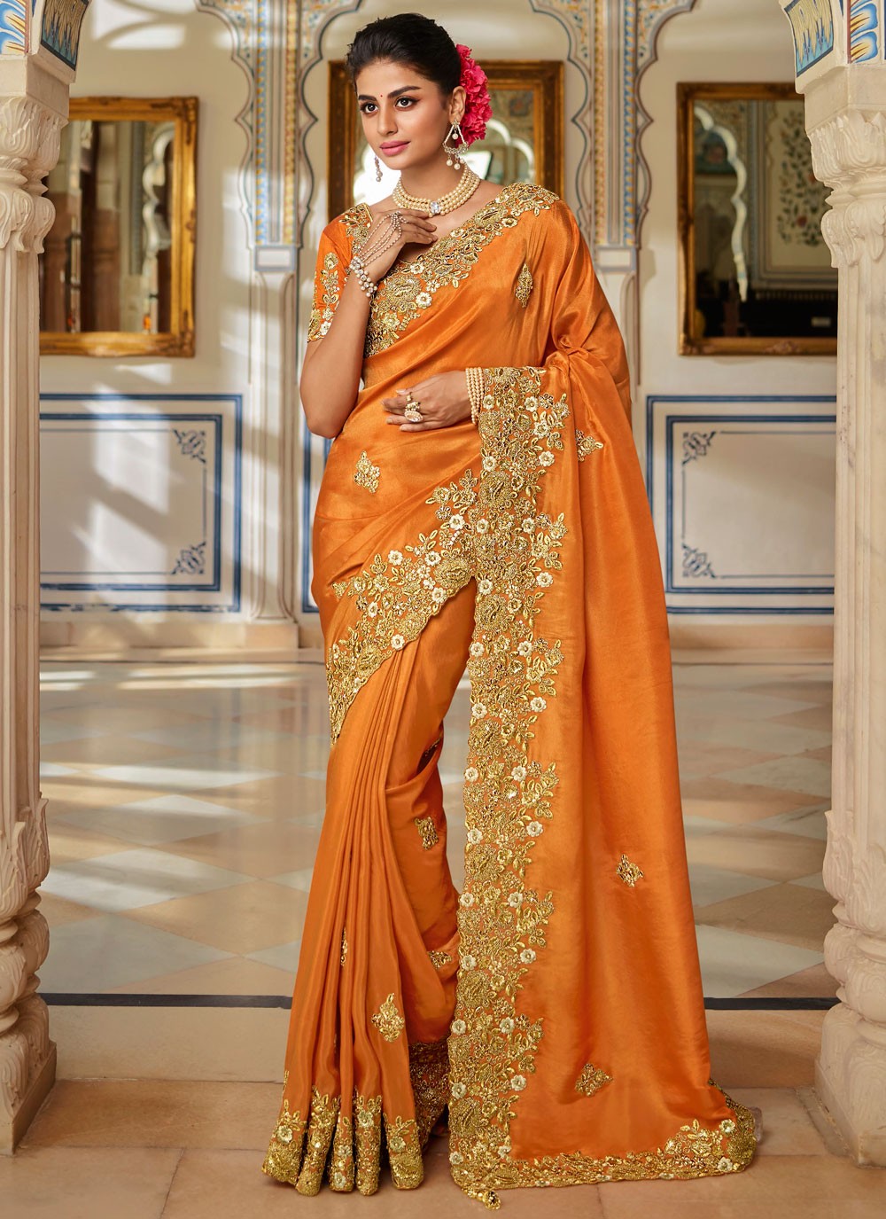 Orange Sangeet Fancy Fabric Designer Traditional Saree