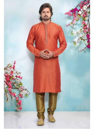 Orange Sangeet Jacquard Silk Kurta Pyjama