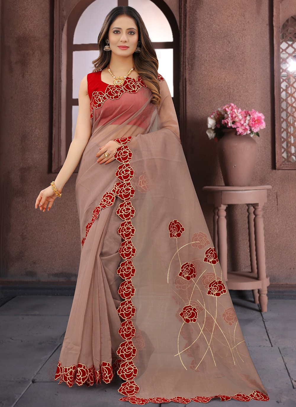 Organza Embroidered Classic Saree in Brown