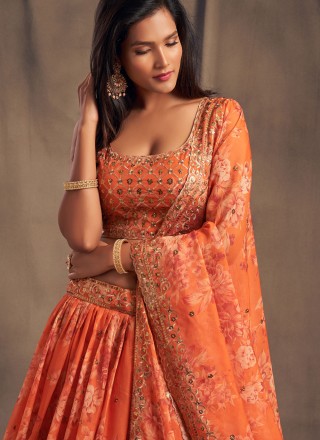 Organza Embroidered Orange Lehenga Choli