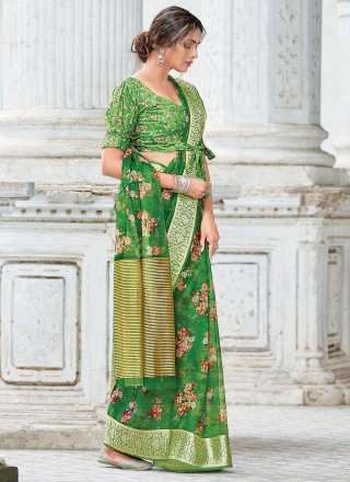 Organza Printed Green Designer Traditional Saree
