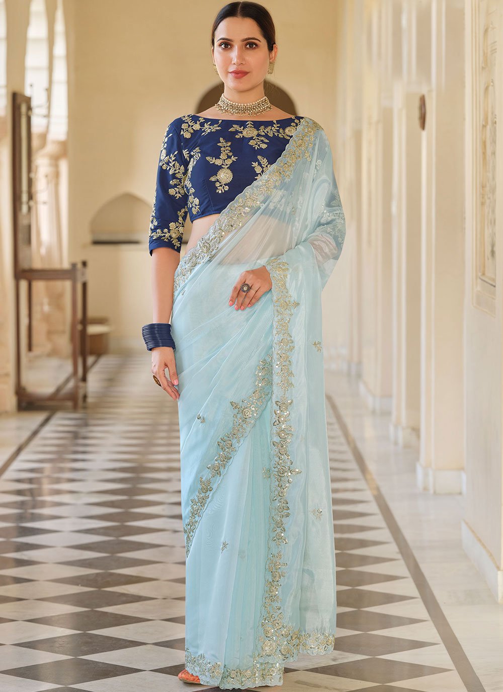 TIME FOR YOU: ICE BLUE EMBELLISHED NET SAREE SET – Papa Don't Preach