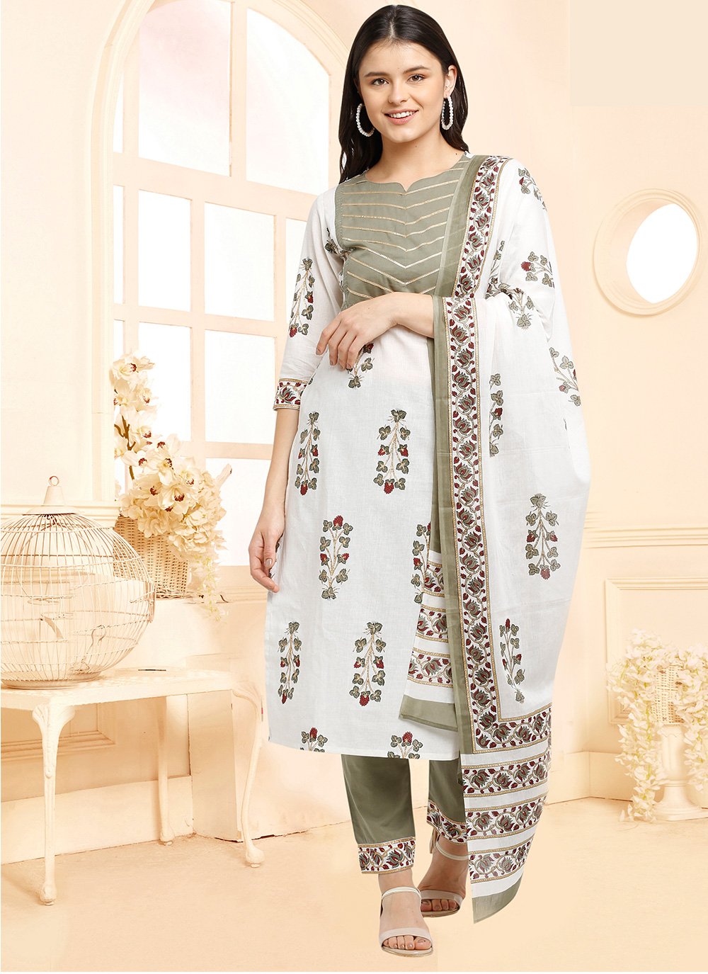 Pant Style Suit Print Cotton in Off White