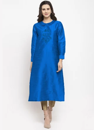 Party Wear Kurti Embroidered Dupion Silk in Blue