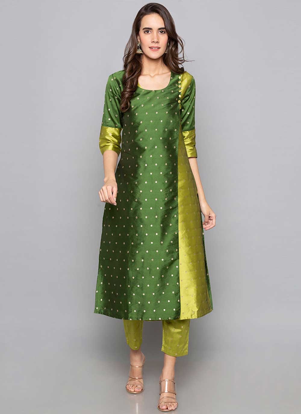 Olive Green Cotton Silk Party Wear Kurti  Cotton dress pattern Silk kurti  designs Stylish kurtis design