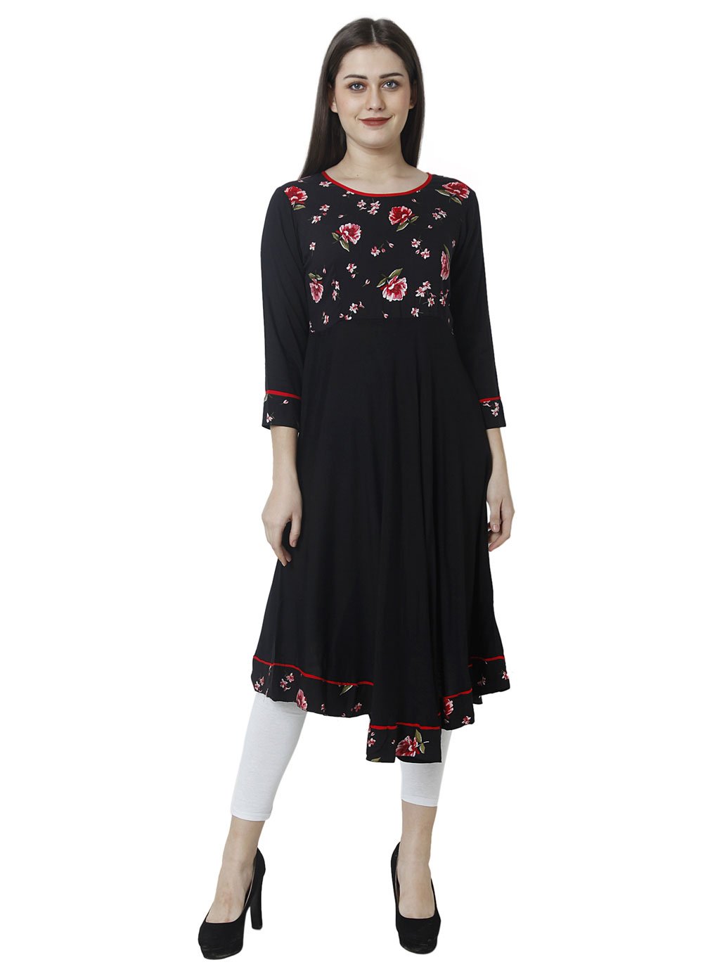 Shop Online Party Wear Kurti Fancy Rayon in Black : 187239