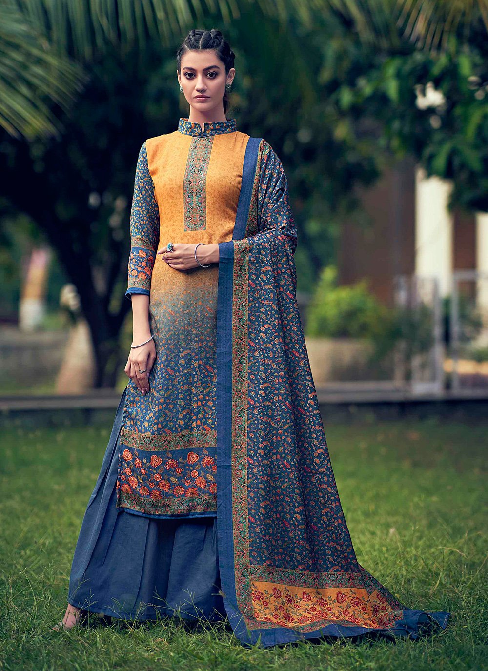 Pashmina Blue and Yellow Designer Palazzo Salwar Suit