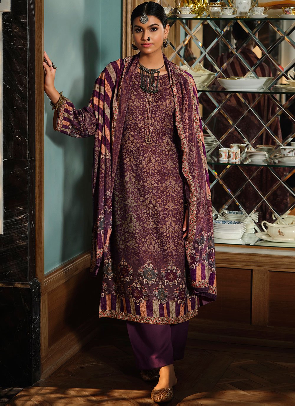 Pashmina Designer Pakistani Suit in Wine