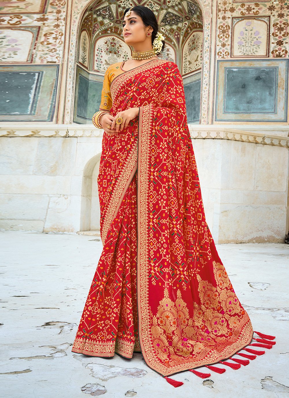 Patch Border Fancy Fabric Designer Saree in Red