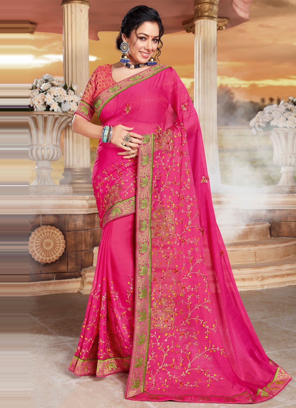 Patch Border Hot Pink Rupali Ganguly Designer Saree