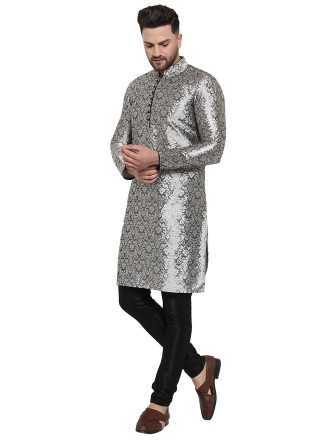 Patchwork Banarasi Silk Kurta Pyjama in Grey