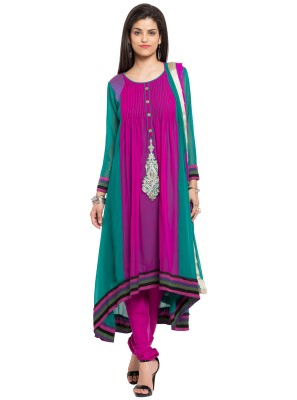Patchwork Faux Georgette Purple Readymade Churidar Salwar Kameez