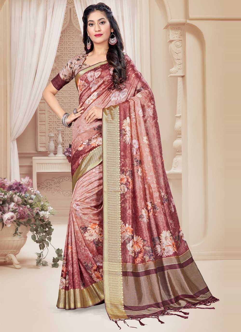 Peach Color Soft Organza Silk Party Wear Designer Saree With Border Work -  Fashion Mantra