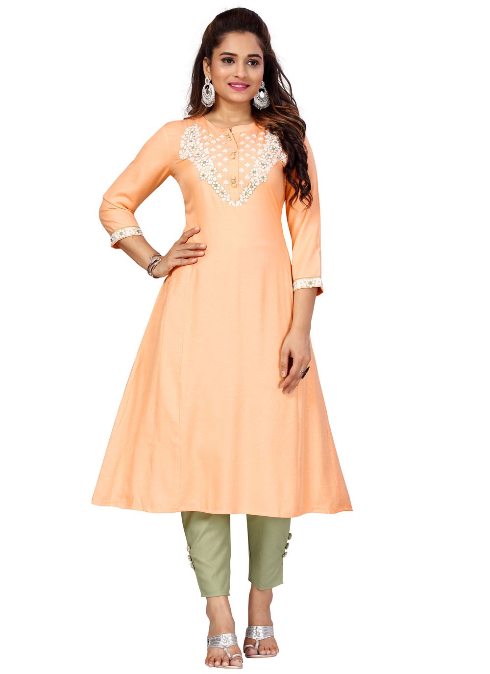 Peach Embroidered Cotton Party Wear Kurti