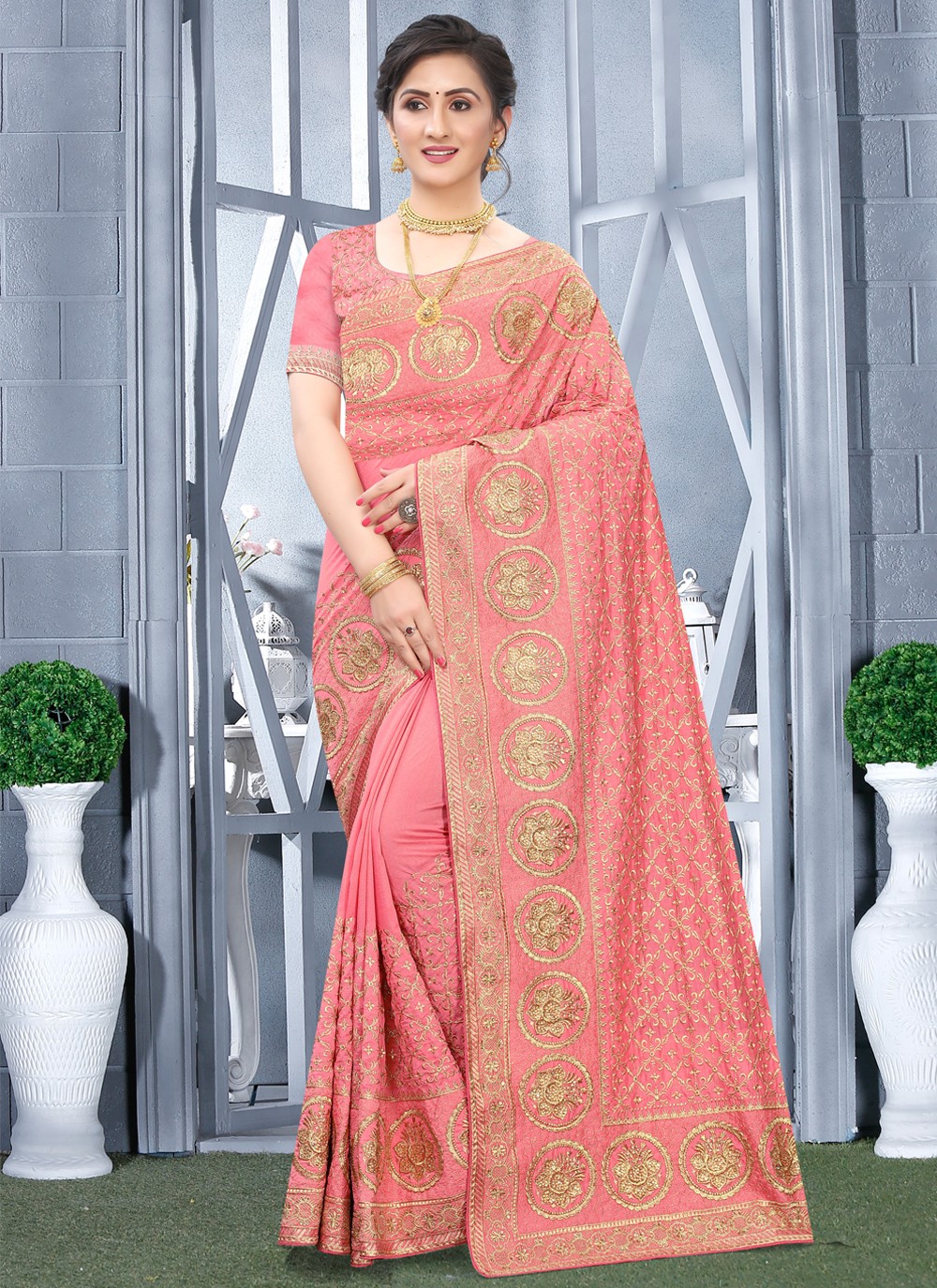 Saree Embroidery Georgette Pink Sari Designer Blouse Fancy Bollywood Party wear 