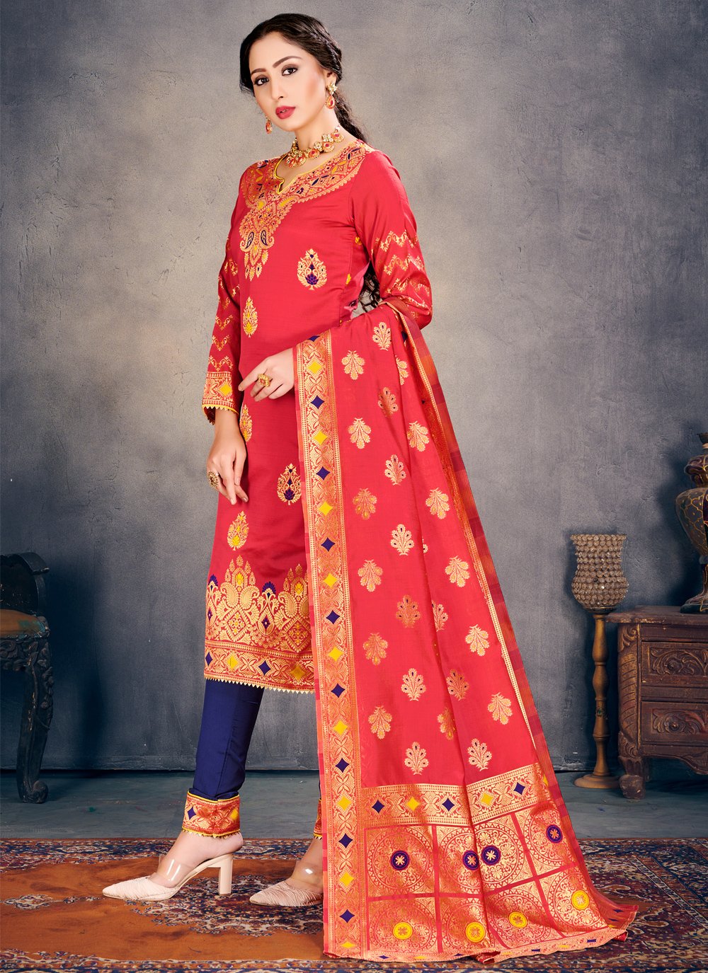 Peach Weaving Banarasi Silk Pant Style Suit