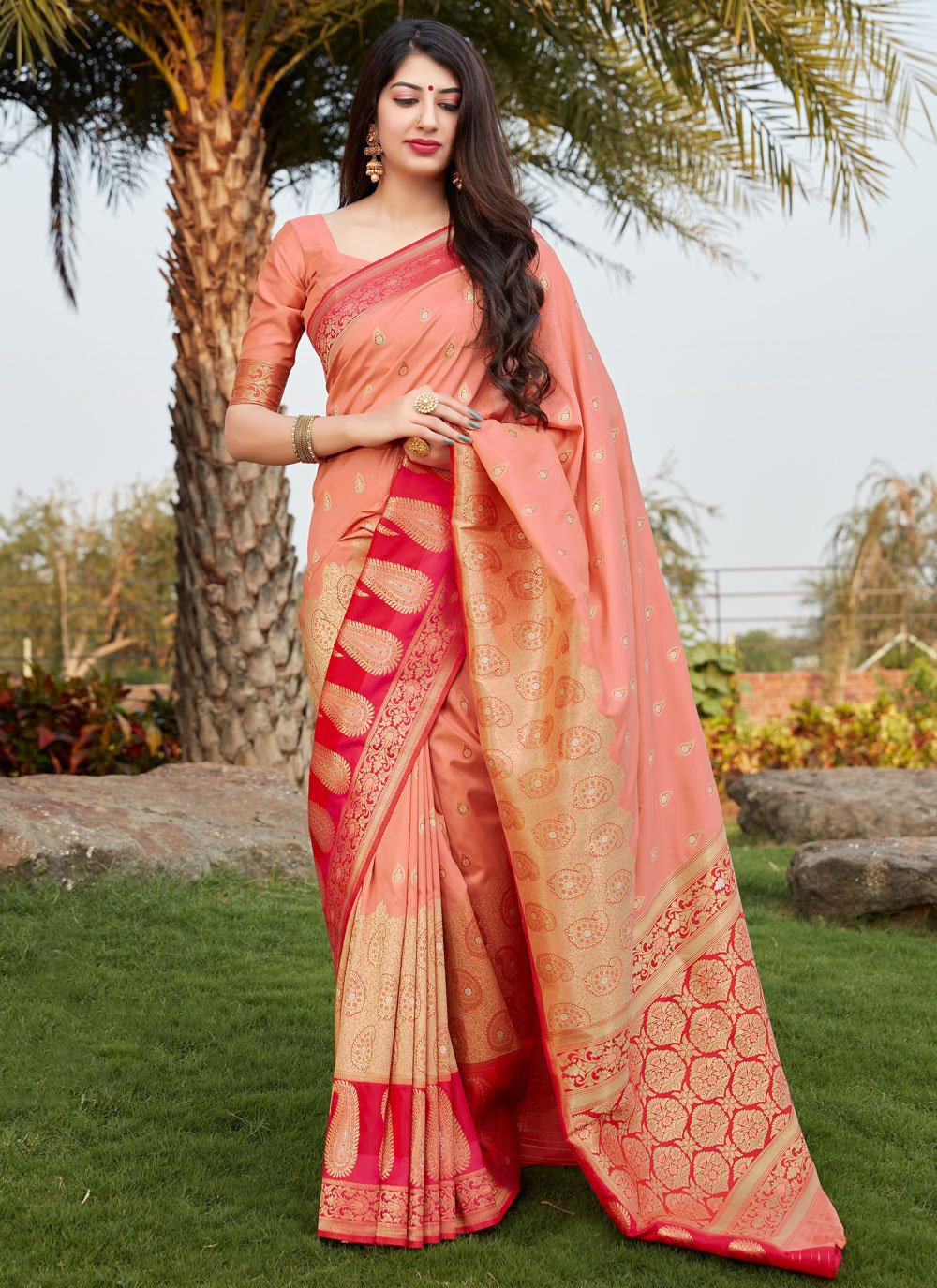 Dark Peach Art Silk Embroidered Trendy Saree