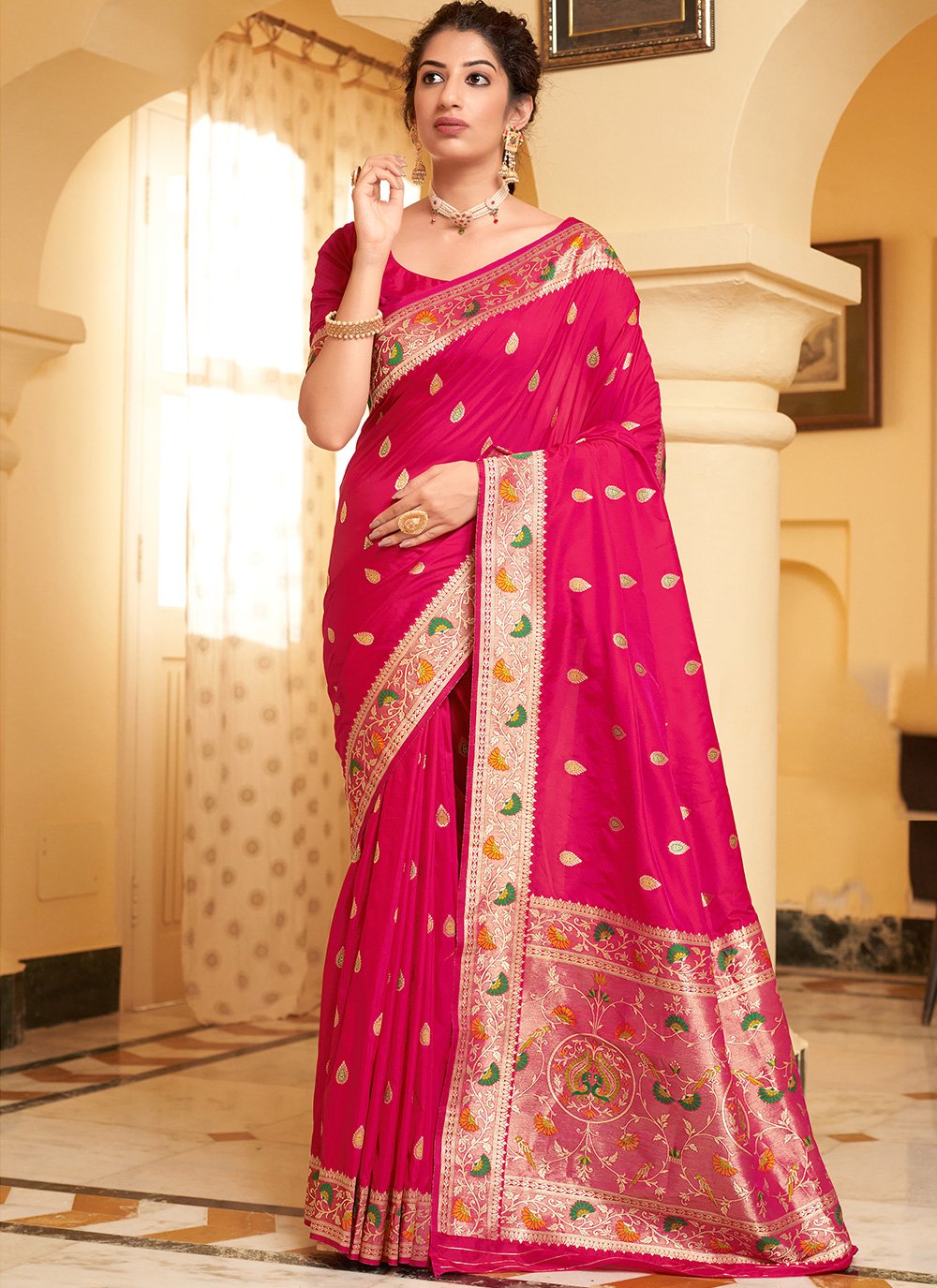 Navy Blue And Pink Banarasi Silk Saree With Zari Weaving Work at Rs 2299.00  | बनारसी साड़ी - Bhakti Silk Mills, Surat | ID: 2851703486155