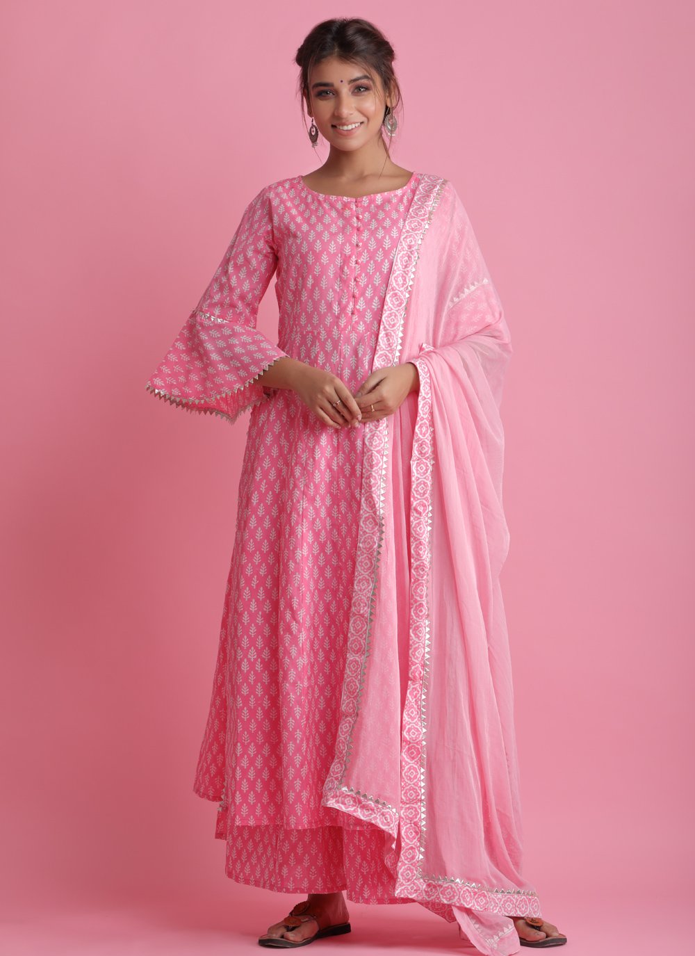 Pink Cotton Block Print Readymade Suit