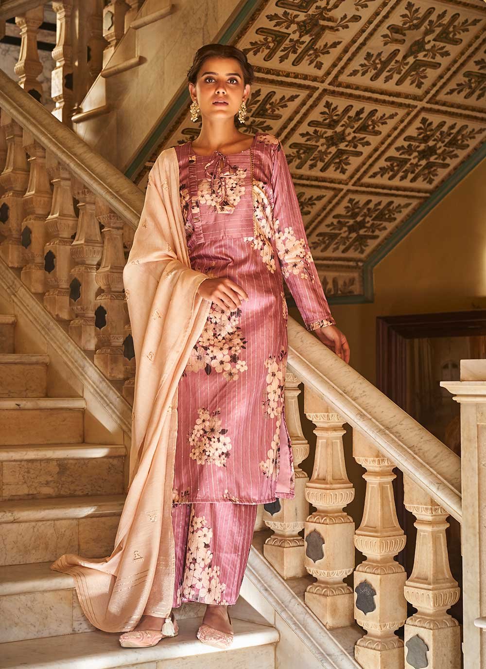 Pink Embroidered Art Silk Designer Palazzo Suit