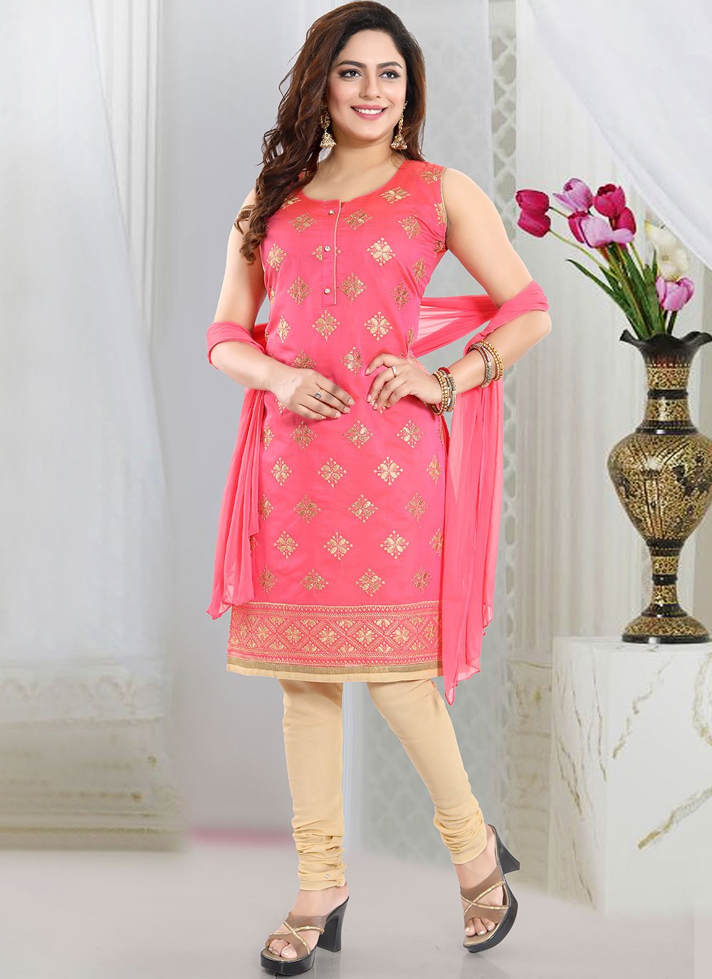 Pink Embroidered Churidar Designer Suit