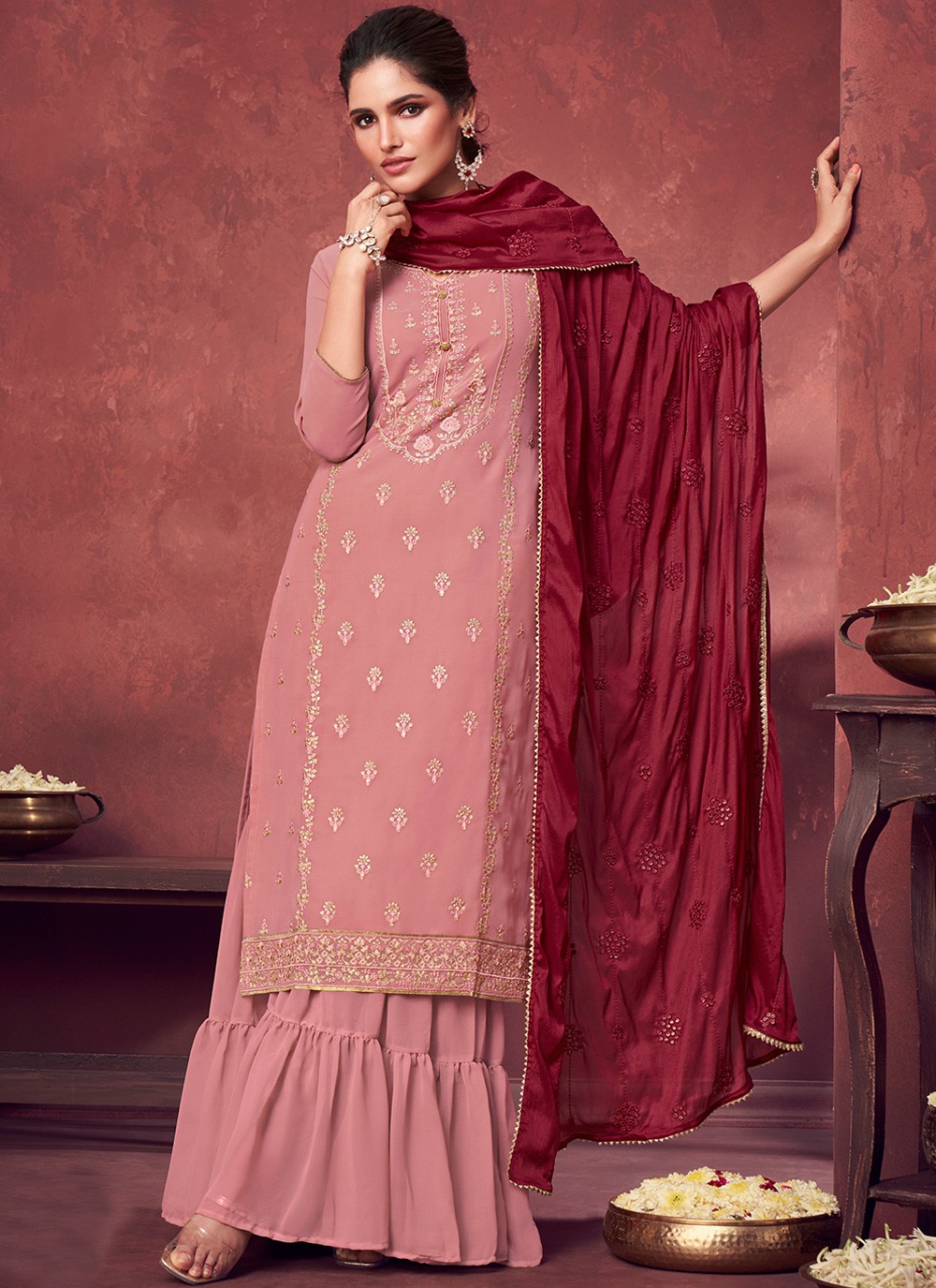 Pink Embroidered Faux Georgette Designer Palazzo Suit