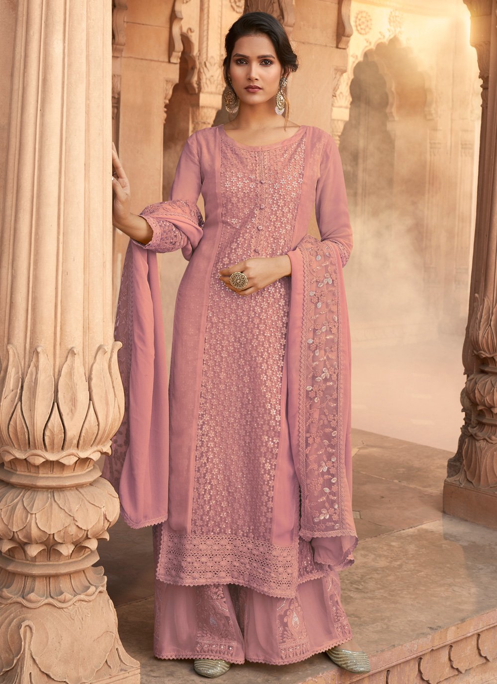 Pink Embroidered Georgette Designer Pakistani Salwar Suit buy online -