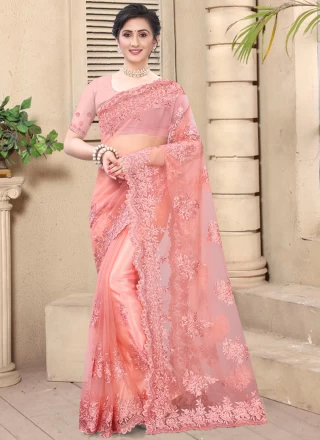 Pink Embroidered Net Classic Saree