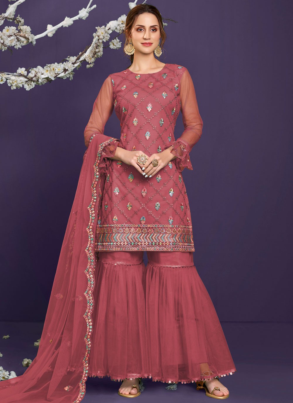 Pink Embroidered Net Designer Pakistani Suit