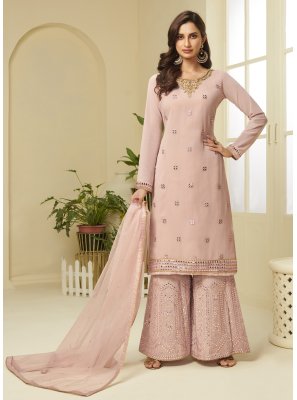 Pink Faux Georgette Resham Designer Palazzo Suit