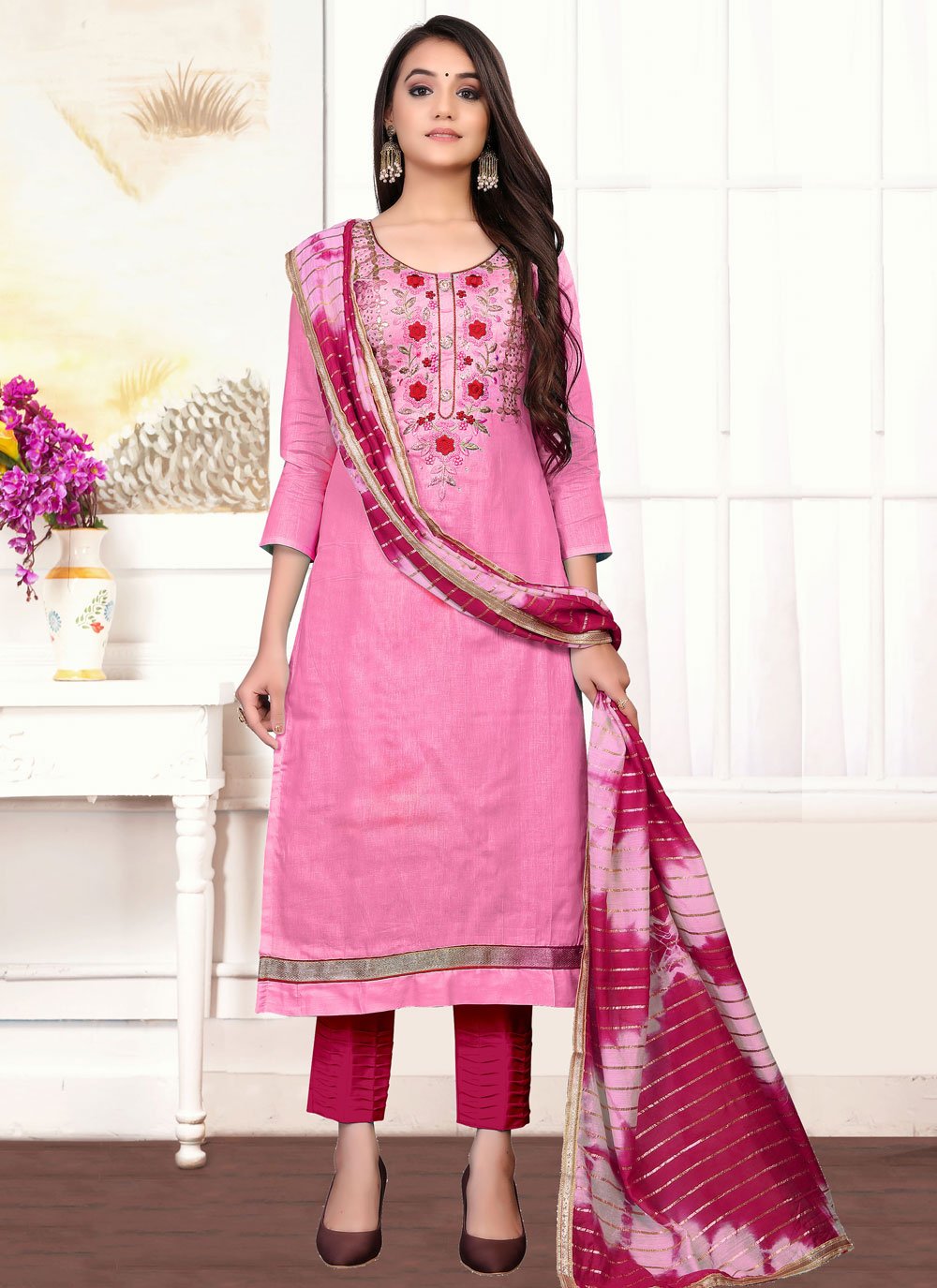 Pink Handwork Designer Straight Suit