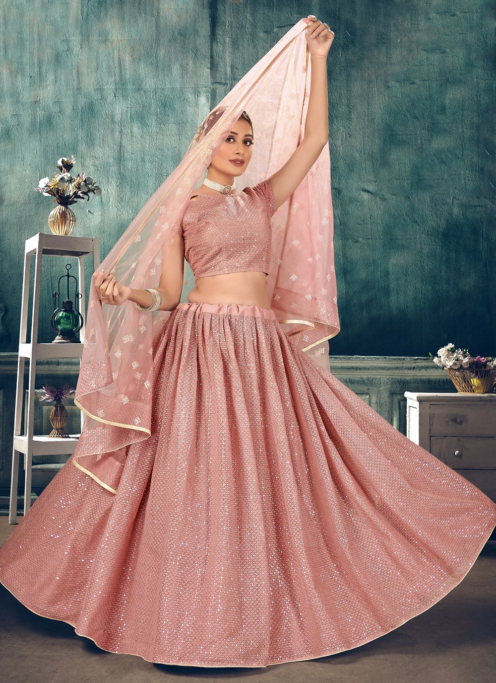 pink net lehenga choli