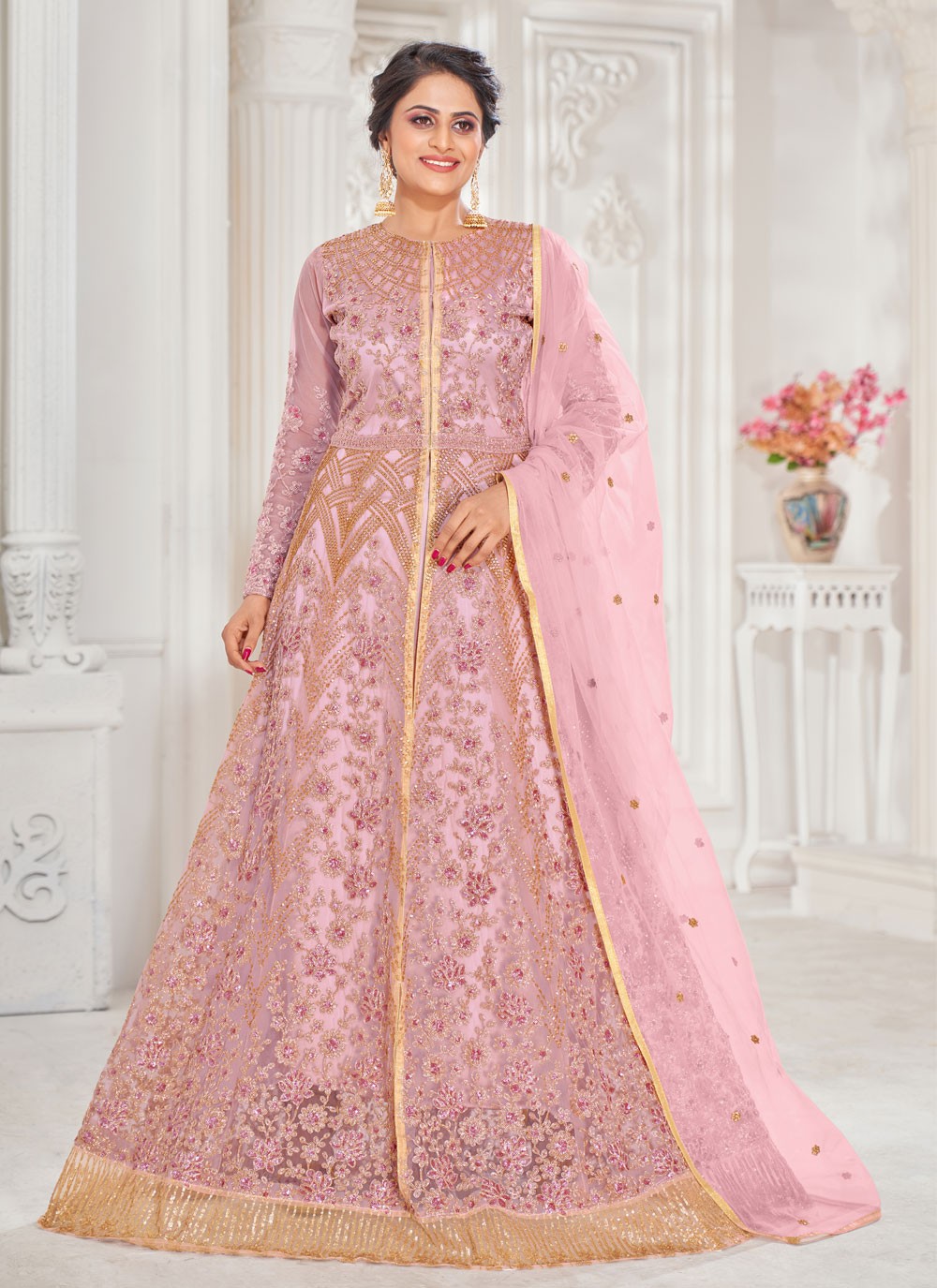 Pink Resham Net Floor Length Anarkali Suit
