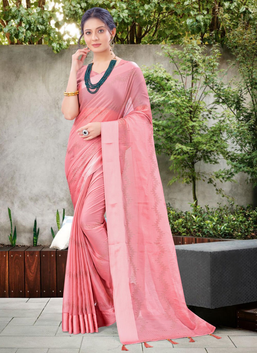 Pink Stone Work Chiffon Satin Classic Designer Saree