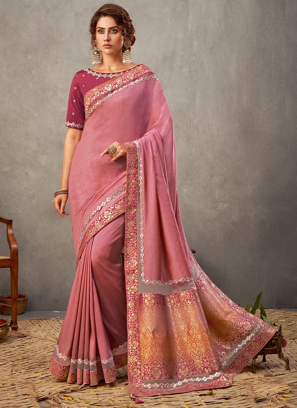 Pink Tussar Silk Designer Saree
