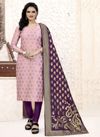 Pink Weaving Fancy Fabric Churidar Suit