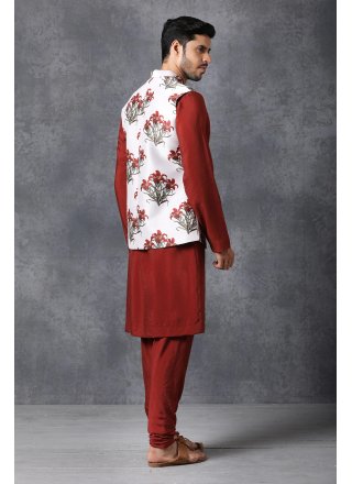 Plain Art Raw Silk Kurta Payjama With Jacket in Red