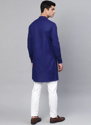 Plain Blended Cotton Kurta Pyjama in Blue