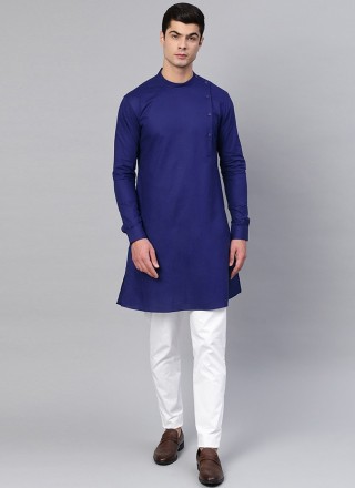 Plain Blended Cotton Kurta Pyjama in Blue
